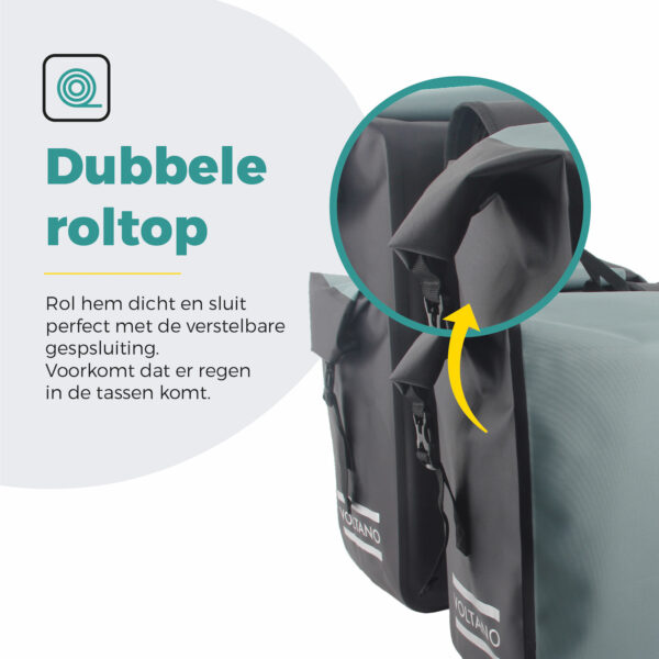 Voltano Dubbele Fietstas Rolltop Luxe E-bike - Zwart / Mintgroen - 48 Liter - 100% Waterdicht - Afbeelding 5
