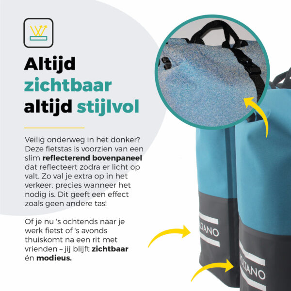 Voltano Dubbele Fietstas Rolltop Reflective Special Edition - Zwart / Blauw  - 50 Liter - 100% Waterdicht - Afbeelding 2