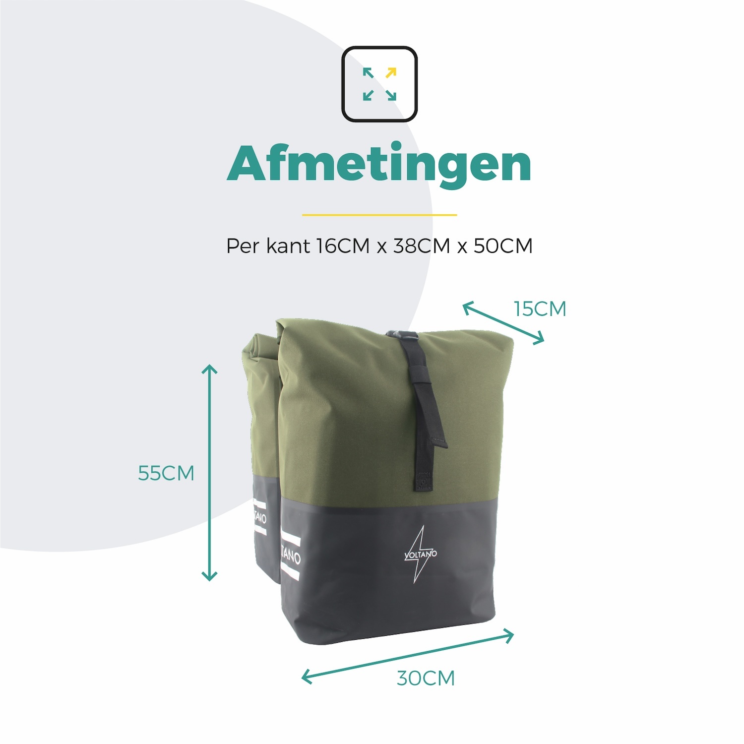 Voltano Dubbele Fietstas Rolltop Reflective Special Edition - Zwart / Olijfgroen - 50 Liter - 100% Waterdicht - Afbeelding 8