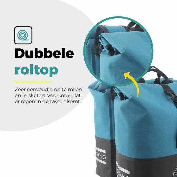 Voltano Dubbele Fietstas Rolltop Reflective Special Edition - Zwart / Blauw  - 50 Liter - 100% Waterdicht - Afbeelding 7