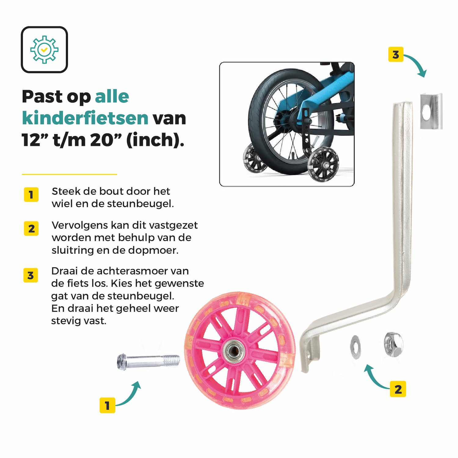 Voltano Zijwieltjes LED Verlichting - Roze - 12-20 inch - Afbeelding 2